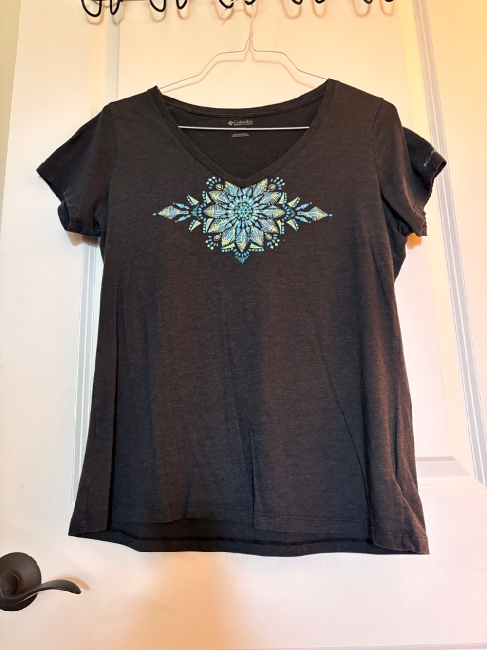 Columbia Charcoal V-Neck Tee with Blue Aqua Floral Medallion